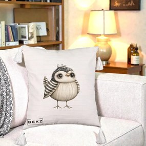 Perna Decorativa Pui Elegant Alb-Negru, 40x40 cm, Bej cu Franjuri, Husa Detasabila, Perna Inclusa, BEKZ®