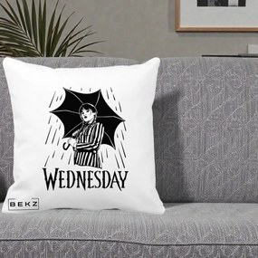 Perna Personalizata Wednesday cu Umbrela Ploaie Lineart, 40x40 cm, Alba Mata, Husa Detasabila, Perna Inclusa, BEKZ®