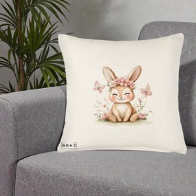 Perna Decorativa Iepuras cu Coronita Florala Roz, 40x40 cm, Crem Reliefat, Husa Detasabila, Perna Inclusa, BEKZ®