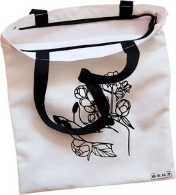 Sacosa de Panza pentru Cumparaturi, Geanta Tote, model Floral Hand, Cu fermoar, 38x34.5 cm, Alba, BEKZ®