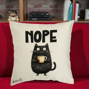 Perna Decorativa NOPE Pisica Neagra Cafea, 40x40 cm, Ecru, Husa Detasabila, Perna Inclusa, BEKZ®