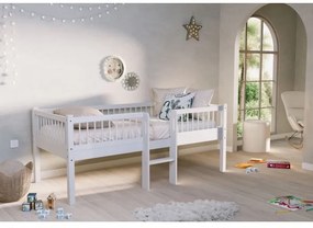 Pat Semi-Înălțat (Mid-Sleeper) cu Scară Forrest Beech pentru Camera Copii, 90x200 cm, din Lemn Masiv de Fag, Alb – Vipack
