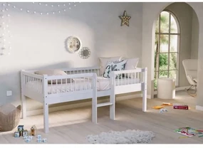 Pat Semi-Înălțat (Mid-Sleeper) cu Scară Forrest Beech pentru Camera Copii, 90x200 cm, din Lemn Masiv de Fag, Alb – Vipack