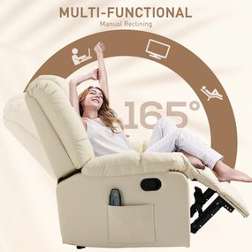 HOMCOM Fotoliu de Masaj Reclinabil Manual 165° cu 8 Puncte de Masaj și Suport pentru Picioare, Fotoliu Relax Tapițat cu Telecomandă, Buzunare Laterale, din Piele PU, Max 160kg, pentru Casă sau Birou, Crem | Aosom Romania