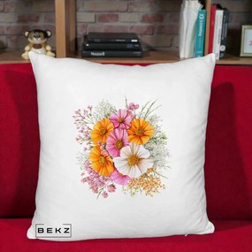 Perna Decorativa Buchet Cosmos Portocaliu Roz si Alb, 40x40 cm, Alb Pufos, Husa Detasabila, Perna Inclusa, BEKZ®