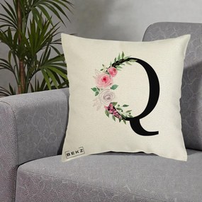 Cadou Personalizat - Perna Personalizata Monograma Florala Litera Q, 40x40 cm, Ecru, Husa Detasabila, Perna Inclusa, BEKZ®