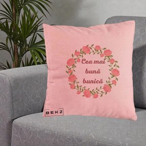 Cadou pentru Bunica - Perna Personalizata Cea Mai Buna Bunica Coronita Trandafiri Roz Clasic, 40x40 cm, Roz, Husa Detasabila, Perna Inclusa, BEKZ®