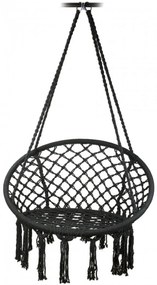 Scaun Rotund Suspendat tip Leagan Pentru Casa sau Gradina HOUSEXL™ ROUND COZY NEST, Cu Franjuri, 120 Kg, Negru