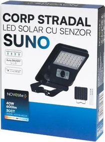 Corp Stradal Solar Novelite Suno 40W LED cu Senzor Miscare 3CCT IP54 - Iluminat Exterior Autonom Ecologic pentru Alei si Gradini Eficienta Mare