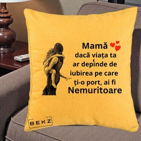 Cadou pentru Mama - Perna Personalizata Mama Nemuritoare Gravura Vintage, 40x40 cm, Galben, Husa Detasabila, Perna Inclusa, BEKZ®