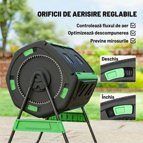 Compostor de Grădină Rotativ Outsunny 200L cu Cameră Dublă, Rotație 360°, Guri de Aerisire, Mănuși, din PP Fără BPA, pentru Compostare Deșeuri Organice din Bucătărie, Grădină și Curte | Aosom Romania