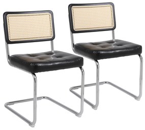 Set de 2 scaune de prânz din ratan, spătar din plasă fără brațe, picioare din metal cromat, Negru