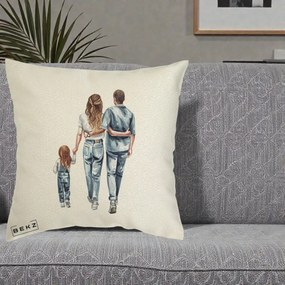 Cadou pentru Familie - Perna Personalizata Familie Acuarela Jeans, 40x40 cm, Ecru, Husa Detasabila, Perna Inclusa, BEKZ®