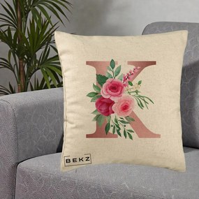 Cadou Personalizat - Perna Personalizata Monograma Rose Gold Litera K, 40x40 cm, Bej, Husa Detasabila, Perna Inclusa, BEKZ®