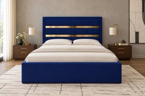 Pat tapițat din catifea Noren 200×200 cm, bleumarin, detalii aurii, cu ladă de depozitare