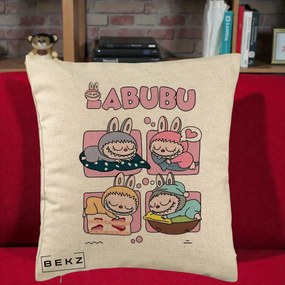 Perna Personalizata Labubu Sleeping Quad Grid, 40x40 cm, Bej, Husa Detasabila, Perna Inclusa, BEKZ®