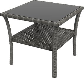 Outsunny Masă de grădină din polyrattan, 50 x 50 x 45 cm, măsuță rezistentă la intemperii pentru 4 persoane, pătrată cu raft și blat din sticlă | Aosom Romania