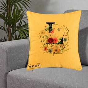 Cadou Personalizat - Perna Personalizata Monogram Litera L cu Flori Acuarela, 40x40 cm, Galben, Husa Detasabila, Perna Inclusa, BEKZ®
