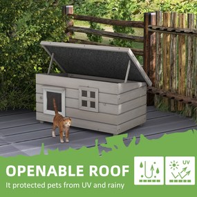 Casa din lemn pentru pisici Pawhut, Canisa de adapost ridicata pentru pisici, Casuta de joaca pentru animale de companie, cu acoperis de asfalt, Cortina din PVC, Fereastra, 87 x 52 x 48 cm, Gri | Aosom Romania