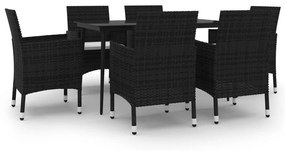 Set mobilier de gradina cu perne, 7 buc, poliratan si sticla Alb si negru, Lungime masa 140 cm, 7