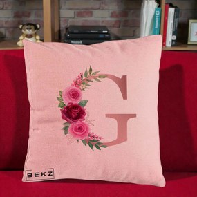 Cadou Personalizat - Perna Personalizata Monograma Rose Gold Litera G, 40x40 cm, Roz, Husa Detasabila, Perna Inclusa, BEKZ®