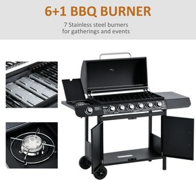 Outsunny Gratar cu Gaz cu Capac si Arzator Lateral, Termometru si 2 Roti