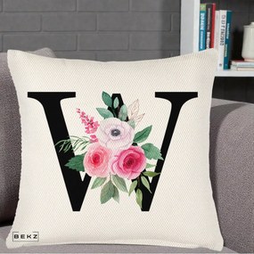 Cadou Personalizat - Perna Personalizata Monograma Florala Litera W cu Trandafiri si Anemona, 40x40 cm, Crem Reliefat, Husa Detasabila, Perna Inclusa, BEKZ®