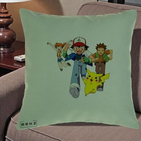 Perna Personalizata Pokemon Ash Misty Brock si Pikachu, 40x40 cm, Verde, Husa Detasabila, Perna Inclusa, BEKZ®