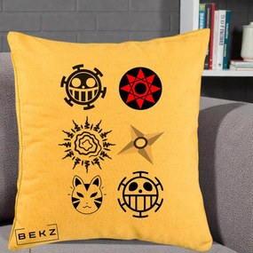 Perna Personalizata Simboluri Anime Mix - Naruto One Piece, 40x40 cm, Galben, Husa Detasabila, Perna Inclusa, BEKZ®