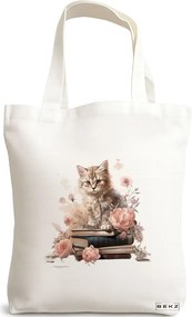 Sacosa de Panza pentru Cumparaturi, Geanta Tote, model Reading cat 11 38 x 34.5 cm, Alba, BEKZ®