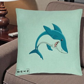 Perna Decorativa Rechin Albastru Cartoon, 40x40 cm, Verde Menta, Husa Detasabila, Perna Inclusa, BEKZ®