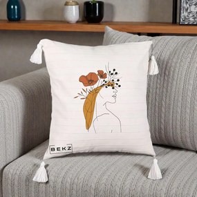 Perna Decorativa Portret Feminin Maci Rosii Auriu, 40x40 cm, Bej cu Franjuri, Husa Detasabila, Perna Inclusa, BEKZ®