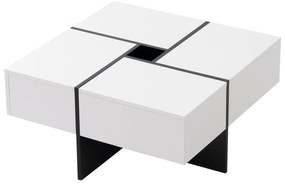 Elegantă măsuță de cafea lucioasă cu 4 sertare, compartiment de depozitare integrat, 70×70×35 cm, Alb+Negru