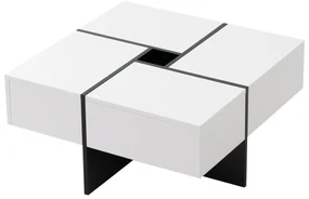 Elegantă măsuță de cafea lucioasă cu 4 sertare, compartiment de depozitare integrat, 70×70×35 cm, Alb+Negru