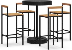 vidaXL Set bar pentru grădină, 5 piese, negru, poliratan/lemn acacia