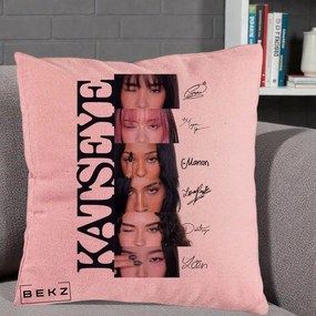 Perna Personalizata K-pop KATSEYE Semnaturi Membre Foto, 40x40 cm, Roz, Husa Detasabila, Perna Inclusa, BEKZ®