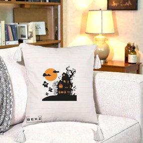 Perna Decorativa Halloween Casa Bantuita cu Fantome, 40x40 cm, Bej cu Franjuri, Husa Detasabila, Perna Inclusa, BEKZ®