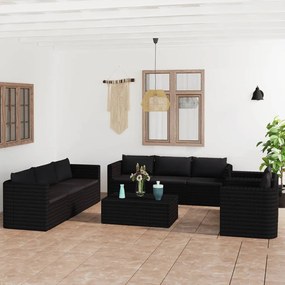 Set mobilier de gradina cu perne, 10 piese, negru, poliratan Negru, 4x colt + 2x mijloc + 2x fotoliu + 2x masa, 1