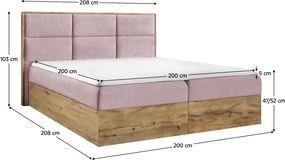 Pat Boxspring, 200x200, ţesătură roz Kronos/stejar lancelot, WOOD 2
