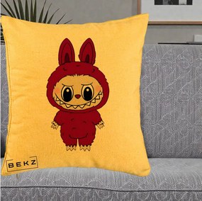 Perna Personalizata Labubu Rosu-Visiniu Solo, 40x40 cm, Galben, Husa Detasabila, Perna Inclusa, BEKZ®