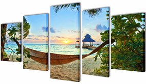 Set tablouri din panza cu imprimeu plaja cu nisip si hamac, 200x100 cm 200 x 100 cm, Plaja cu nisip si hamac