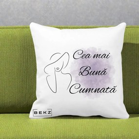 Cadou pentru Cumnata - Perna Personalizata Cea mai Buna Cumnata cu Silueta Dama si Pete Violet, 40x40 cm, Alba Mata, Husa Detasabila, Perna Inclusa, BEKZ®