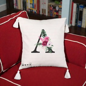 Cadou Personalizat - Perna Personalizata Monograma Florala Litera A, 40x40 cm, Bej cu Franjuri, Husa Detasabila, Perna Inclusa, BEKZ®