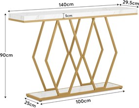 MAU25 - Masa Consola, 140 cm, masuta hol, living, dormitor - Auriu - Alb Imitatie de Marmura