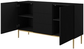 Comodă Nicole 150 cm cu trei sertare - negru mat / picioare aurii