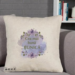 Cadou pentru Bunica - Perna Personalizata Cea Mai Buna Bunica Flori Mov Acuarela Auriu, 40x40 cm, Bej Canapea, Husa Detasabila, Perna Inclusa, BEKZ®