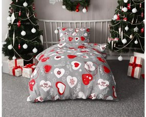 Set 2 bucati lenjerie din flanel INIMI DE CRACIUN gri + cearceaf microplus SOFT 180x200 cm alb, pat dublu