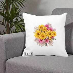 Perna Decorativa Floarea-Soarelui cu Cosmos Roz si Gypsophila, 40x40 cm, Alba Mata, Husa Detasabila, Perna Inclusa, BEKZ®
