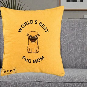 Cadou pentru Iubitorii de Caini - Perna Personalizata World's Best Pug Mom, 40x40 cm, Galben, Husa Detasabila, Perna Inclusa, BEKZ®
