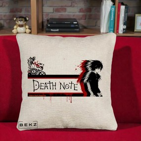 Perna Personalizata Death Note L Lawliet Rosu-Negru, 40x40 cm, Bej Canapea, Husa Detasabila, Perna Inclusa, BEKZ®